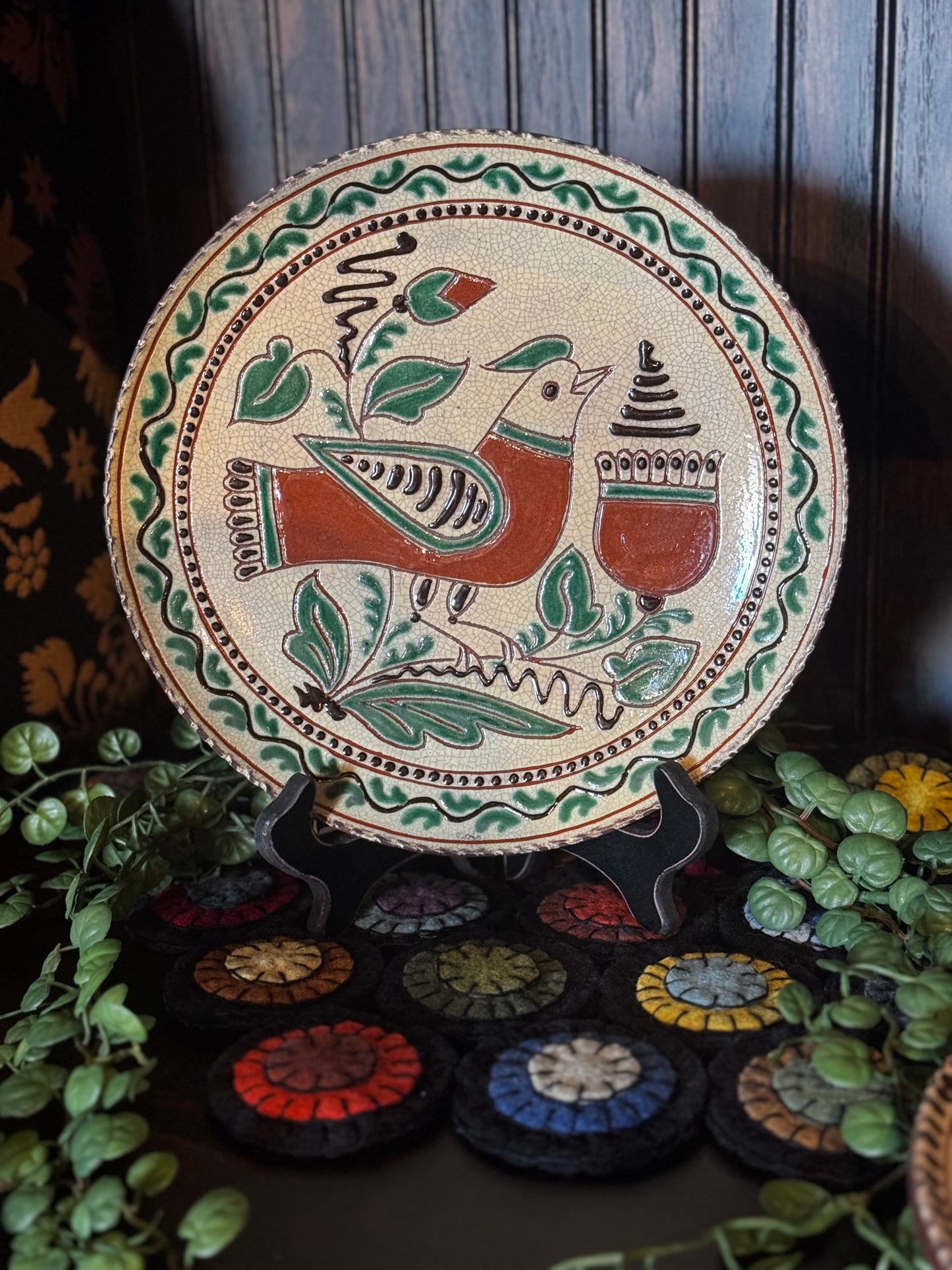 David T Smith Sgraffito Bird & Flowers Plate Spring