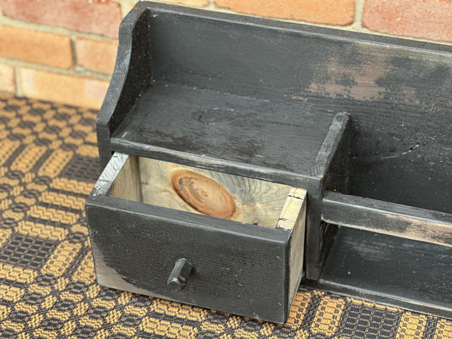 Primitive Black Distressed Shelf w/Two Drawers