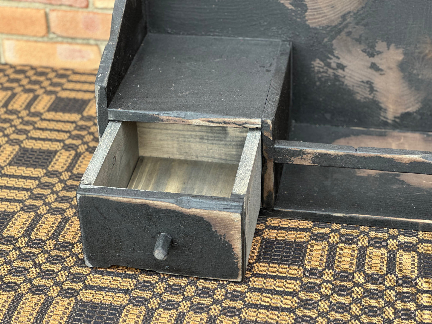 Primitive Black Distressed Shelf w/Drawer