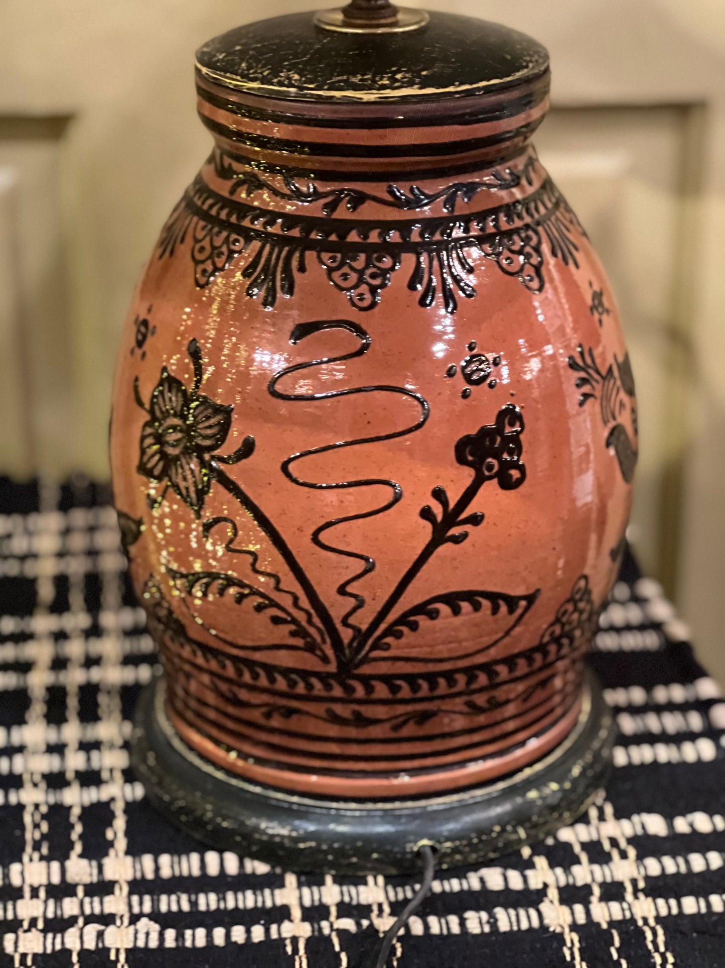 Medium Floral Redware Lamp David T Smith