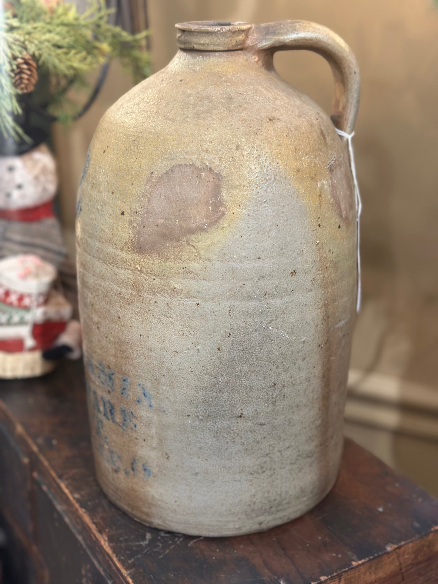 Antique J.A.S. Benjamin Stoneware Depot 2 Gallon Jug Crock