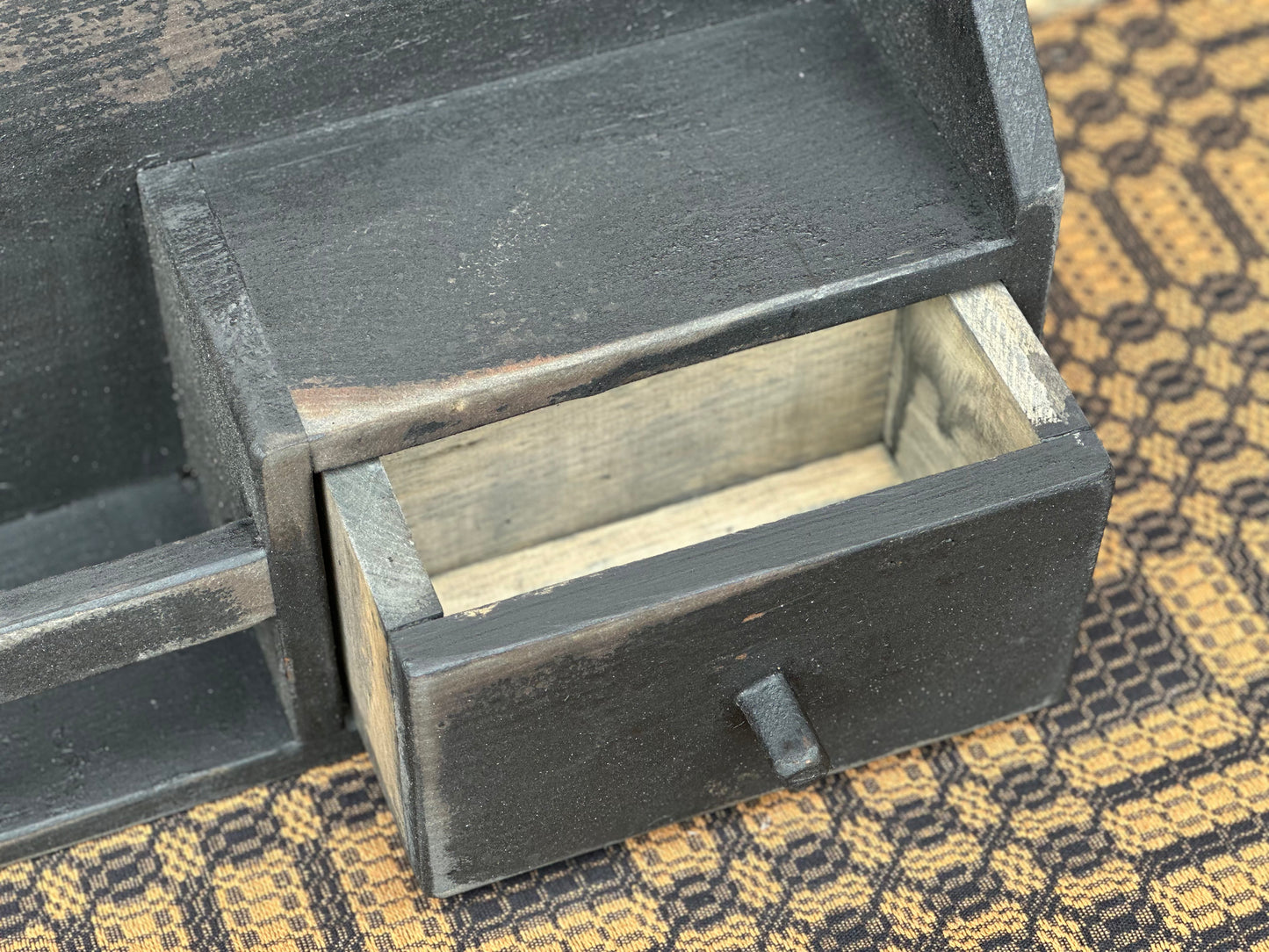 Primitive Small Black Distressed Shelf w/Drawer