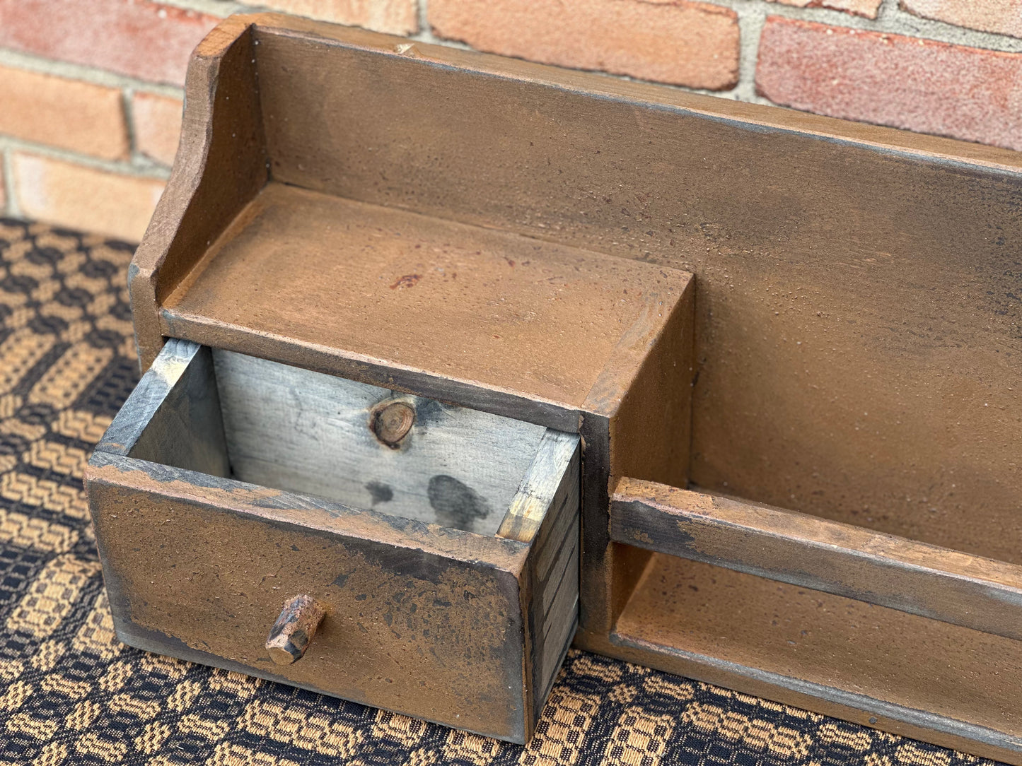 Primitive Mustard/Brown Distressed Shelf w/Two Drawers