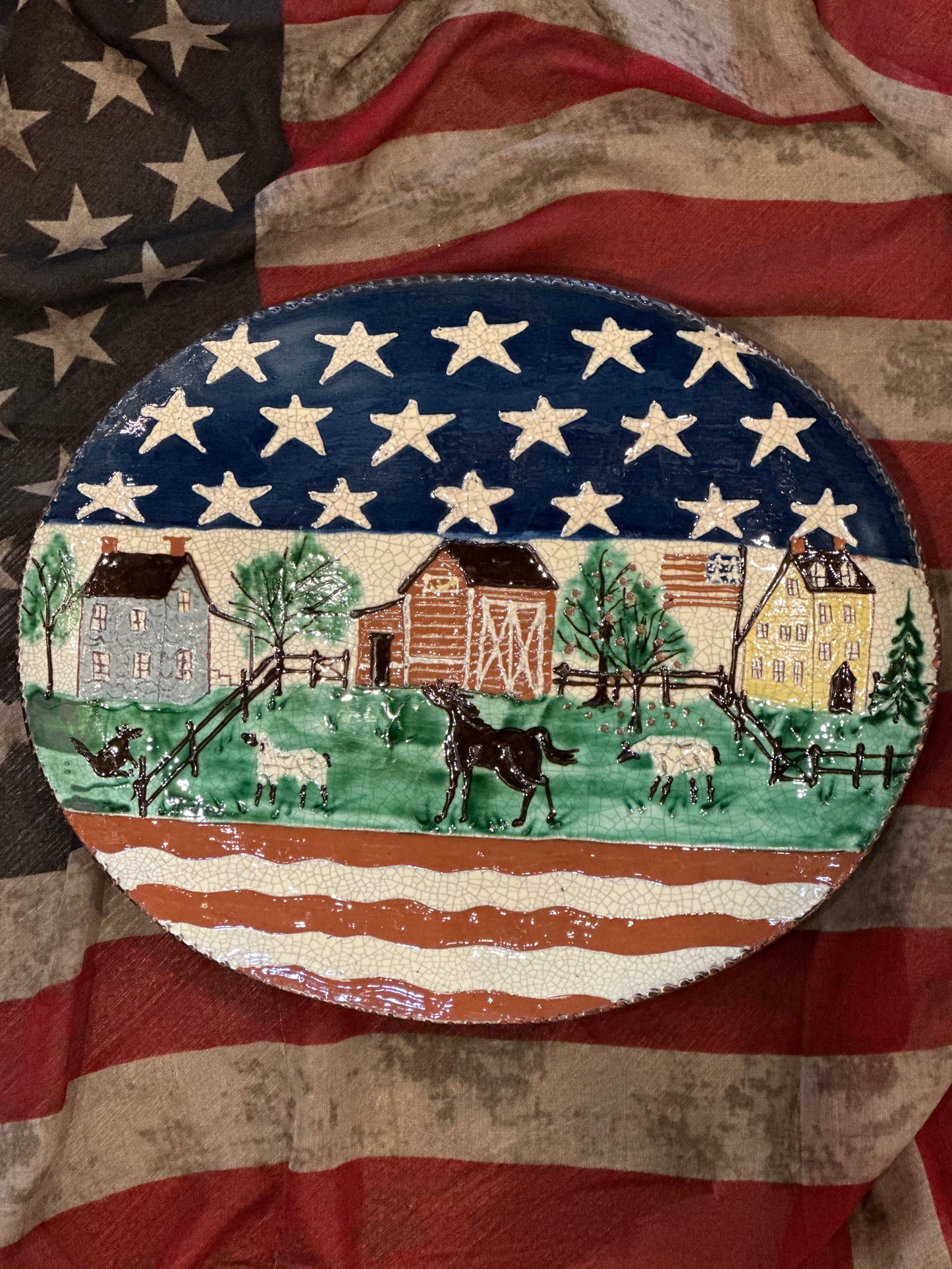 David T Smith Patriotic Farm Scene Platter SUMMER