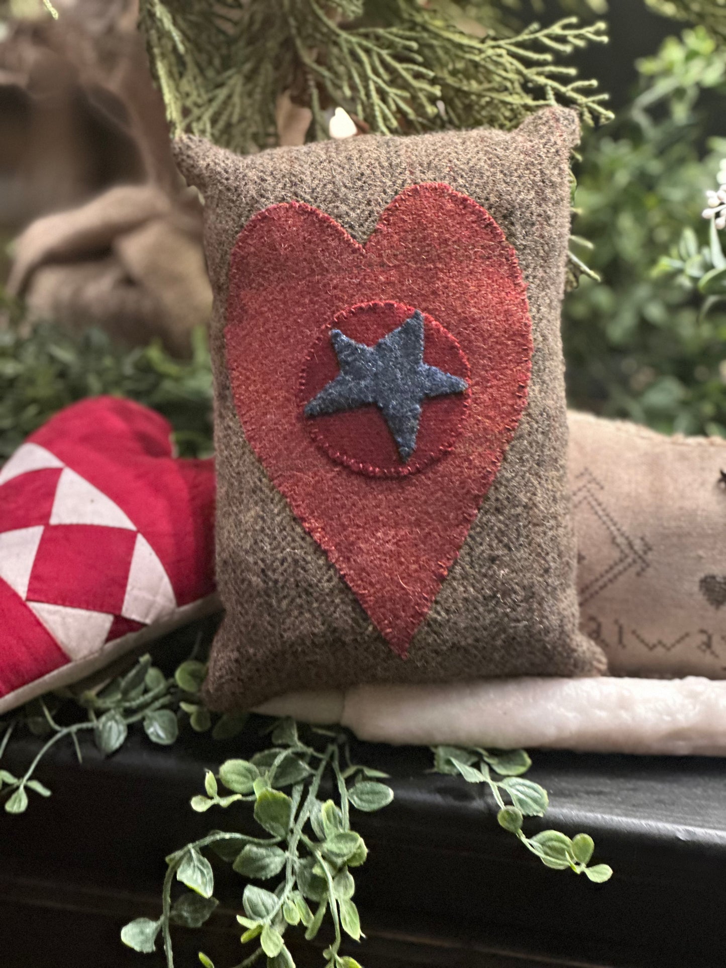Handmade Wool Appliqué Heart Pillow Valentine