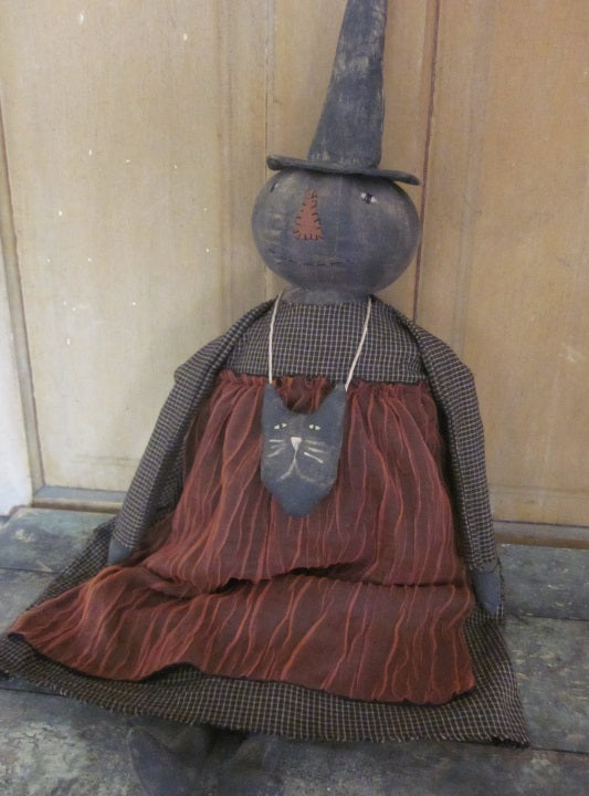 Hester Primitive Witch Doll with Muslin Cat Necklace Made in Ohio