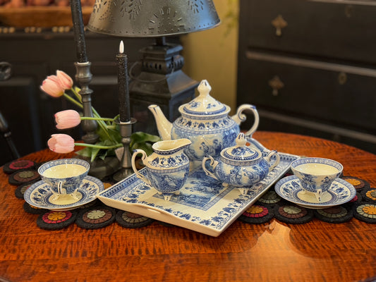 Pagoda Blue Transferware Porcelain Tea Set with Tray