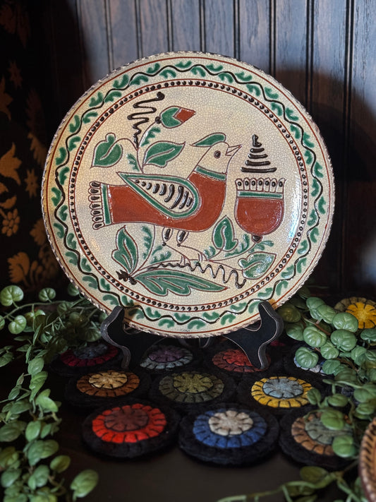 David T Smith Sgraffito Bird & Flowers Plate Spring