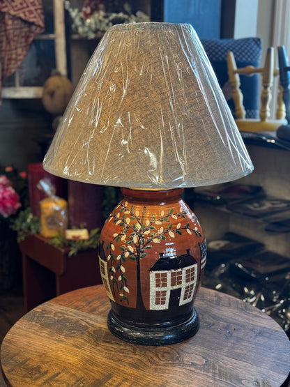 Large 2 House Redware Lamp David T Smith