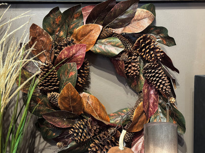 Beautiful Fall Magnolia & Pinecone Wreath