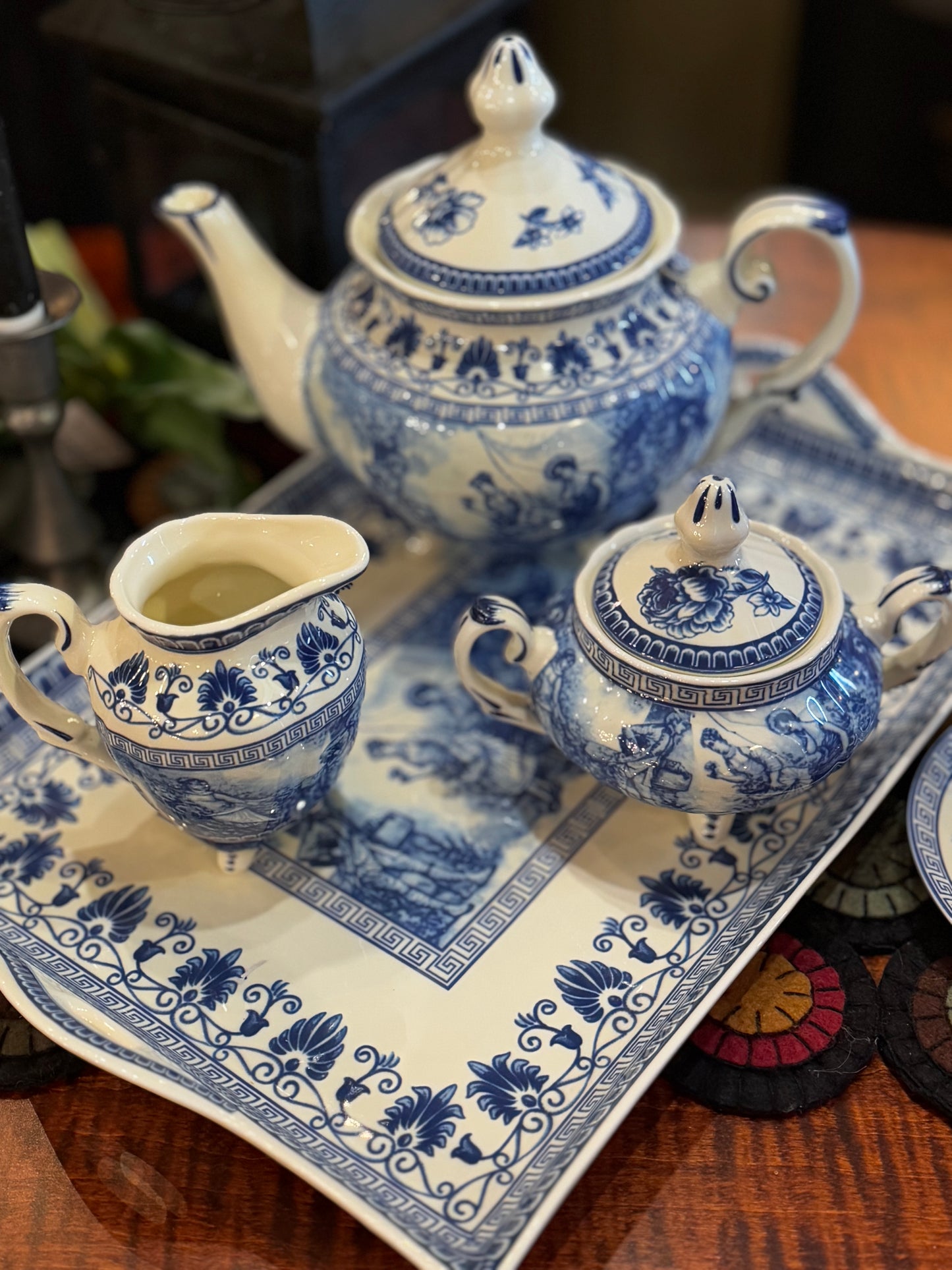 Pagoda Blue Transferware Porcelain Tea Set with Tray