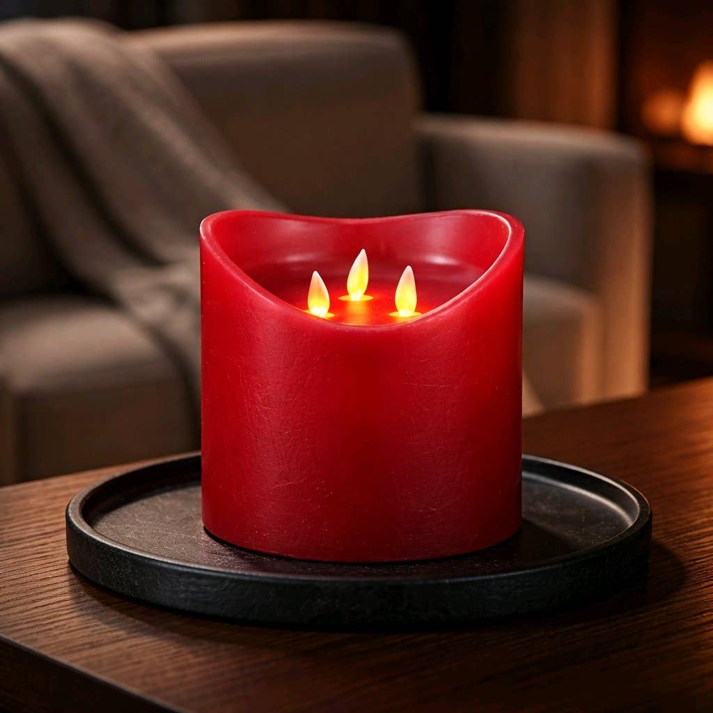 Red Non Drip Moving Flame 3 Wick LED Candle 6in by 6in
