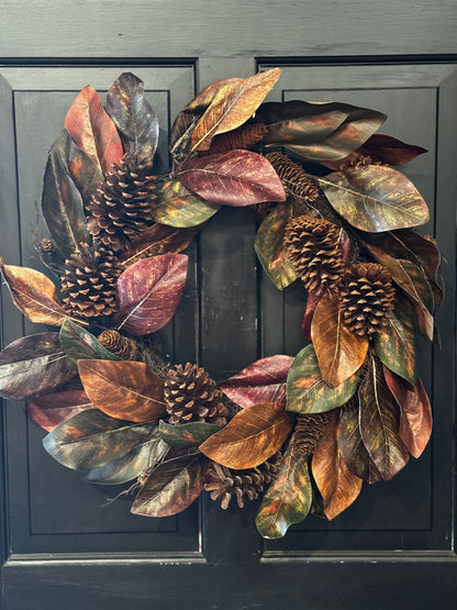 Beautiful Fall Magnolia & Pinecone Wreath