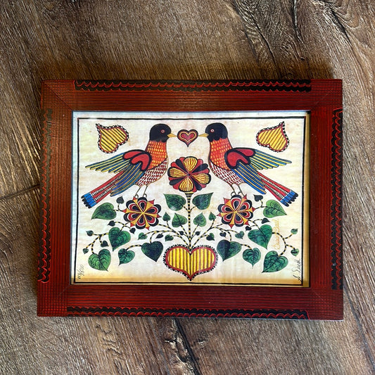 Susan Daul RED HEART W/BIRDS Framed Fraktur