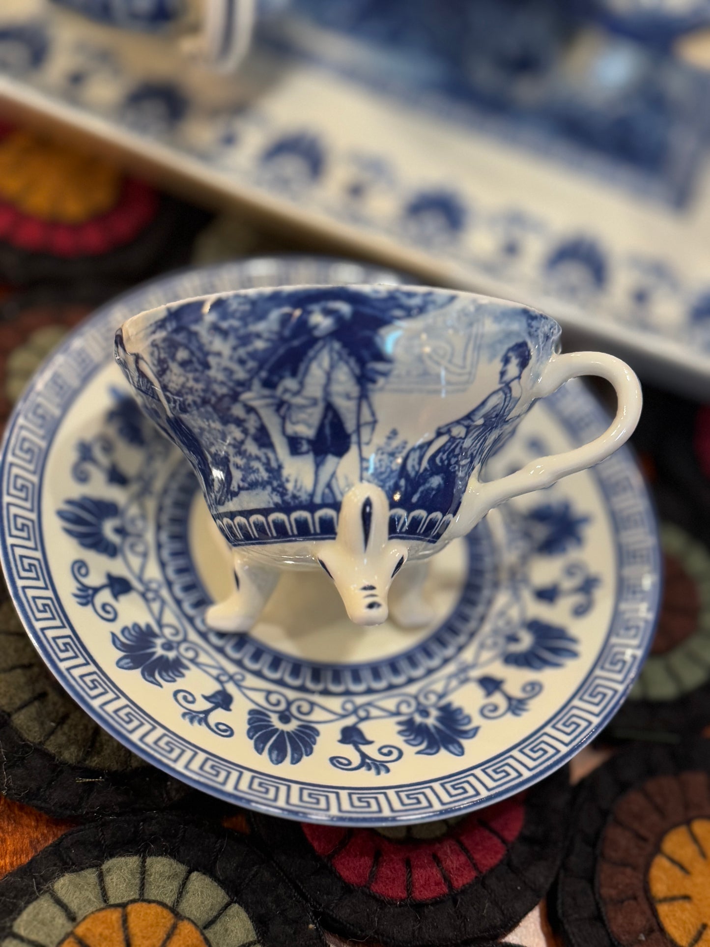 Pagoda Blue Transferware Porcelain Tea Set with Tray