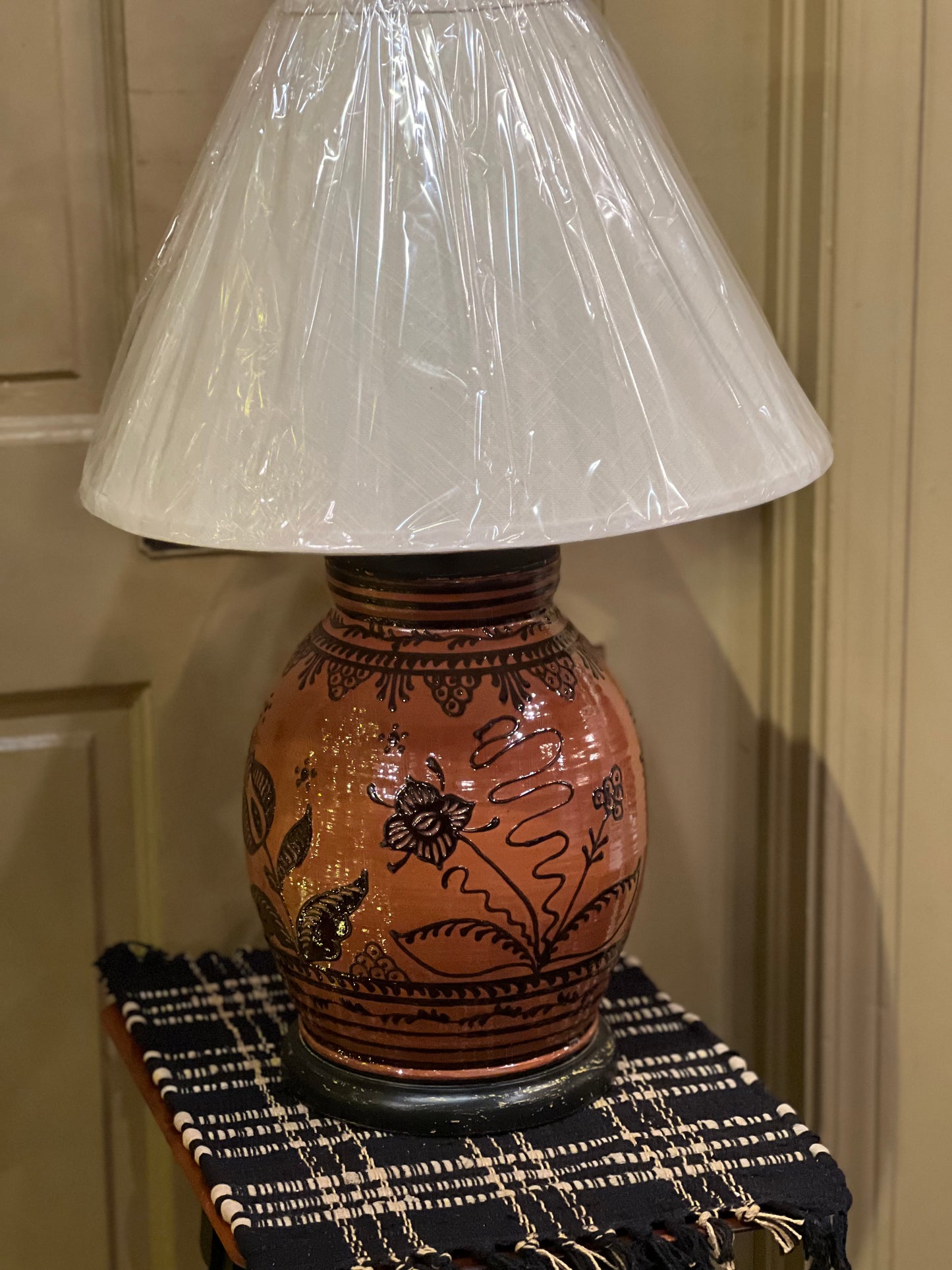 Large Floral Redware Lamp David T Smith