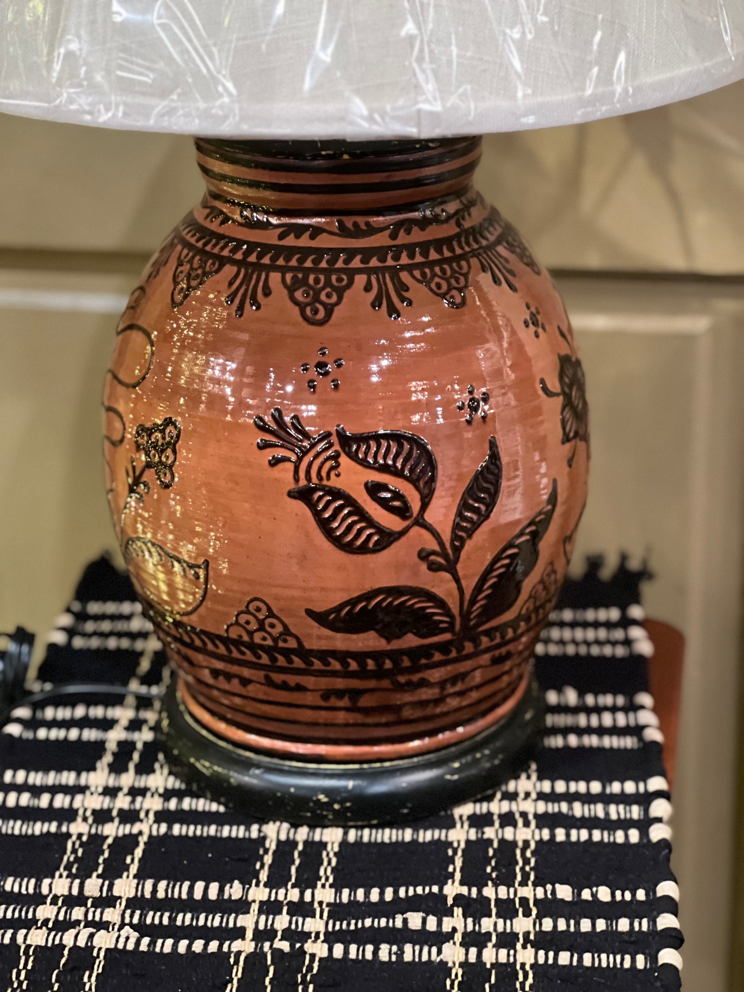 Large Floral Redware Lamp David T Smith