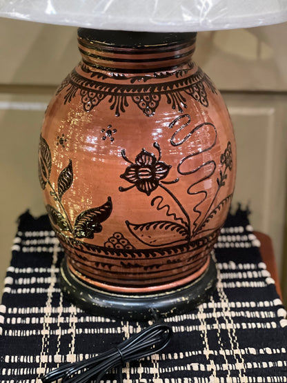 Large Floral Redware Lamp David T Smith