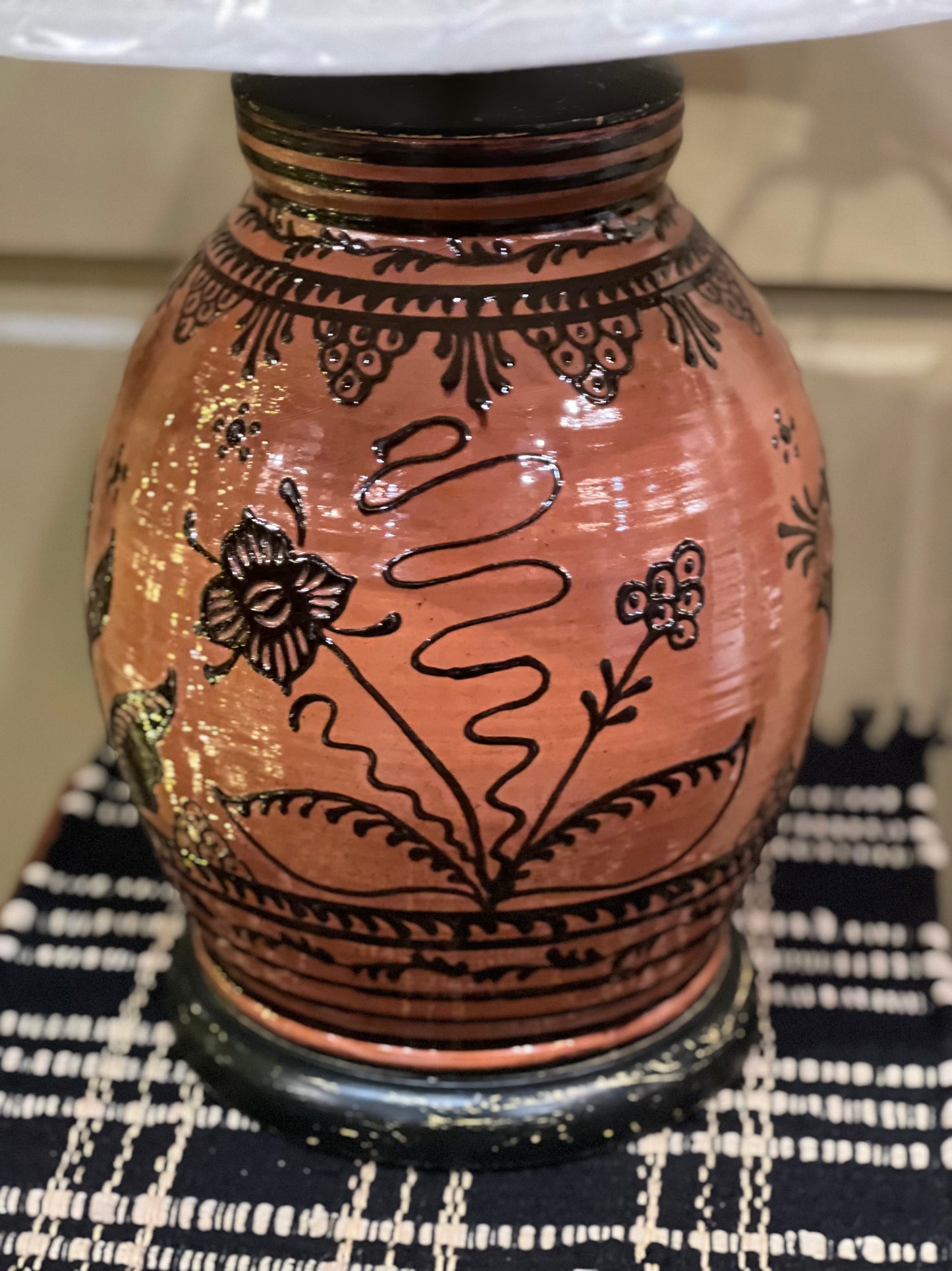 Large Floral Redware Lamp David T Smith