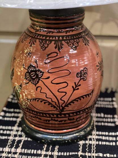 Large Floral Redware Lamp David T Smith