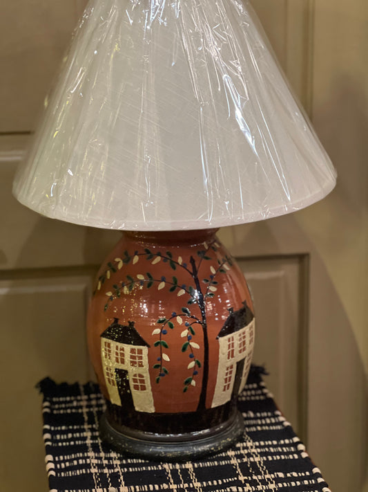 Large 2 House Redware Lamp David T Smith