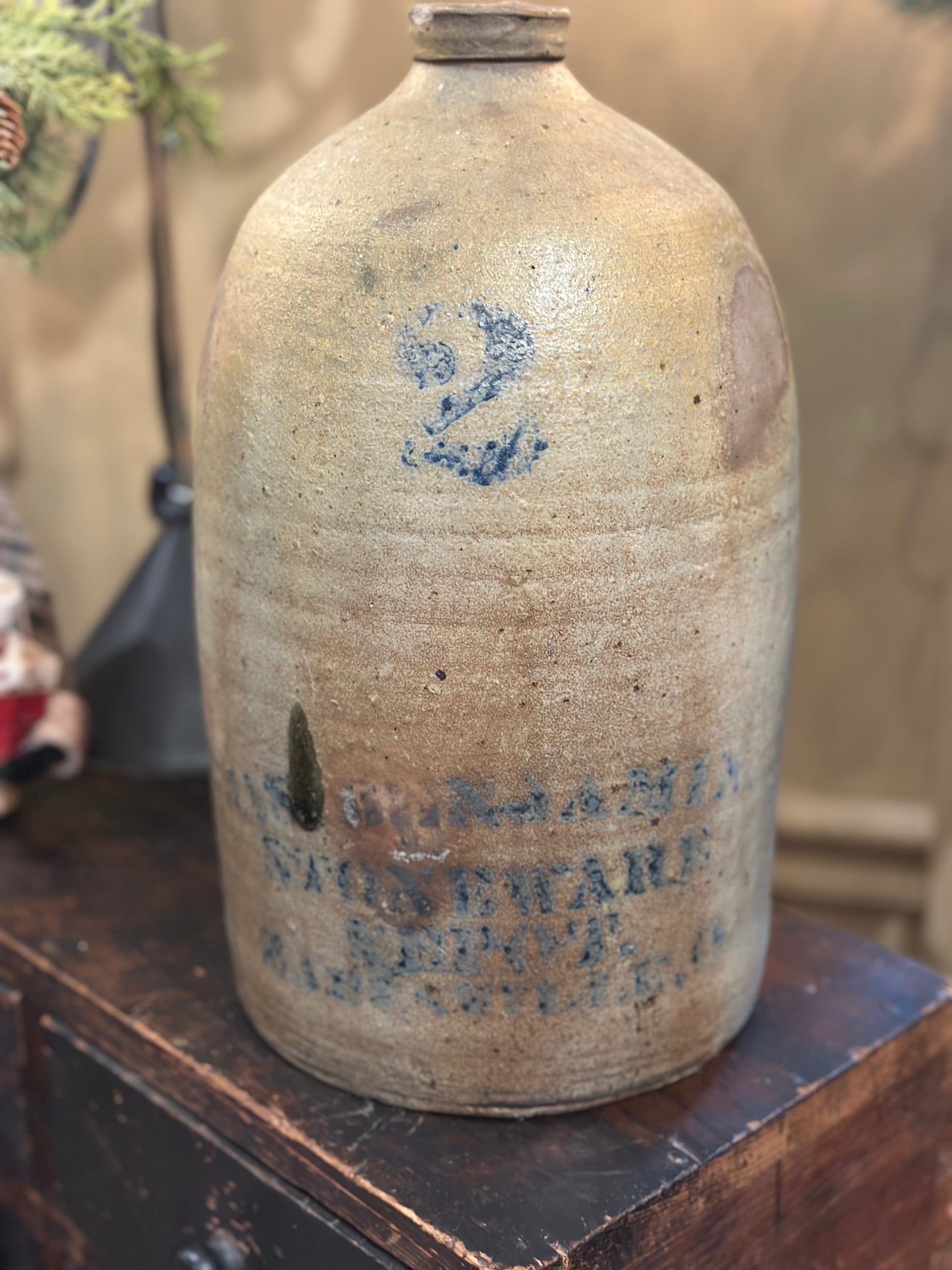 Antique J.A.S. Benjamin Stoneware Depot 2 Gallon Jug Crock
