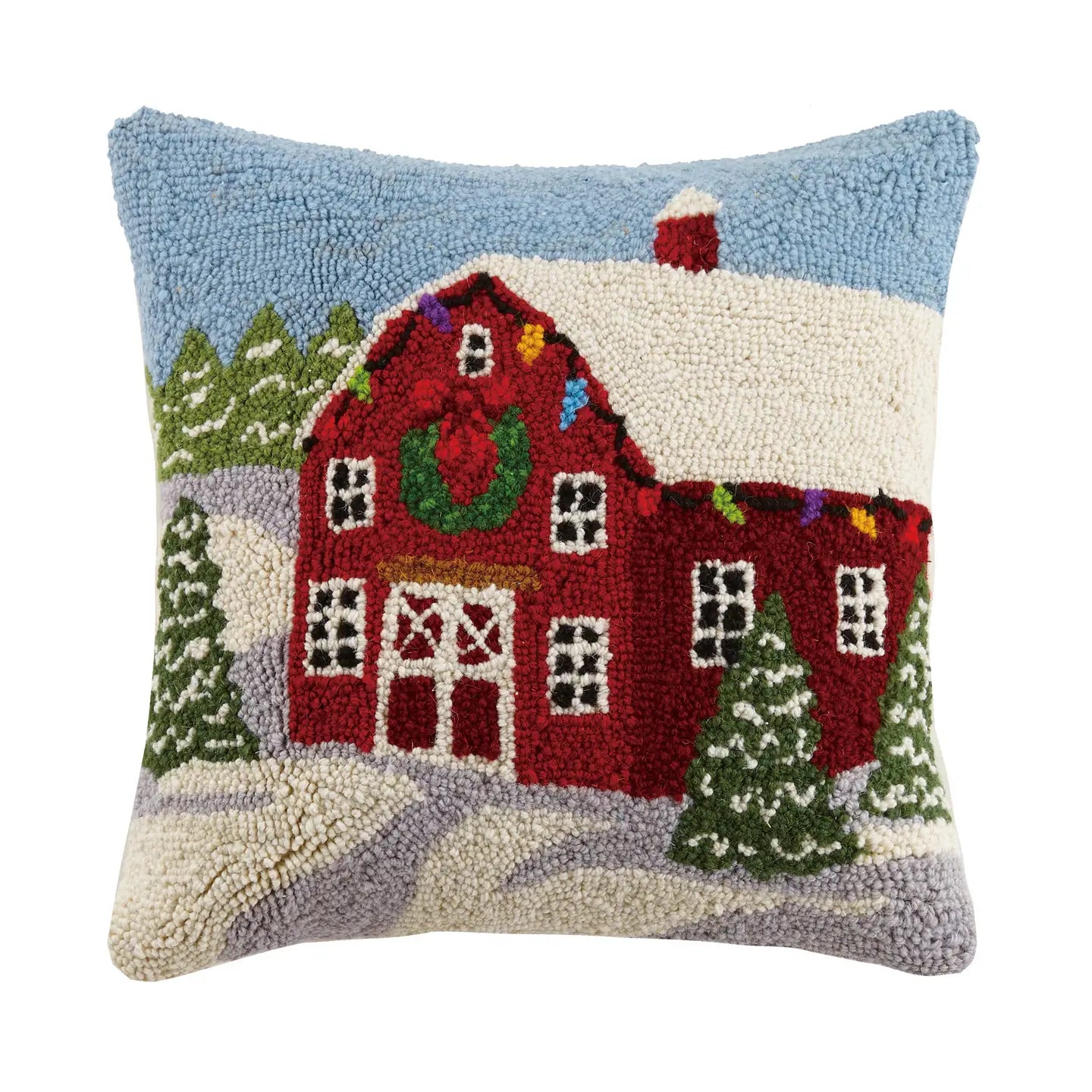 Snowy Barn Hooked Pillow Winter