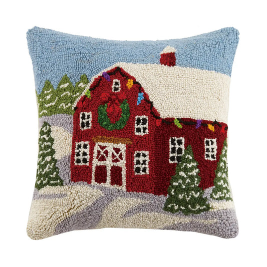 Snowy Barn Hooked Pillow Winter