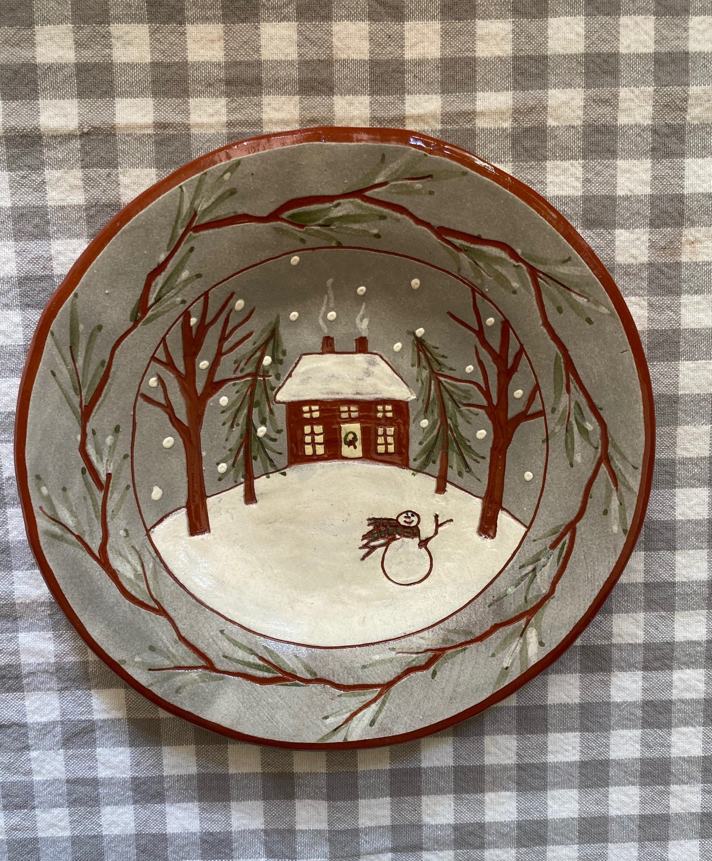 Home with Frosty Winter Redware Plate