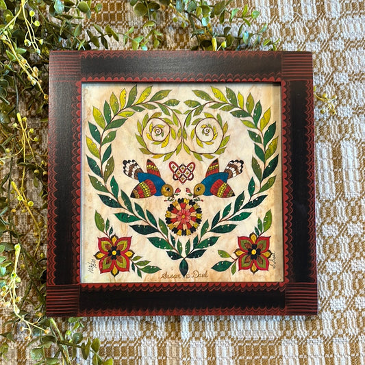 HEART W/TWO BIRDS Fraktur Framed Art By Susan Daul