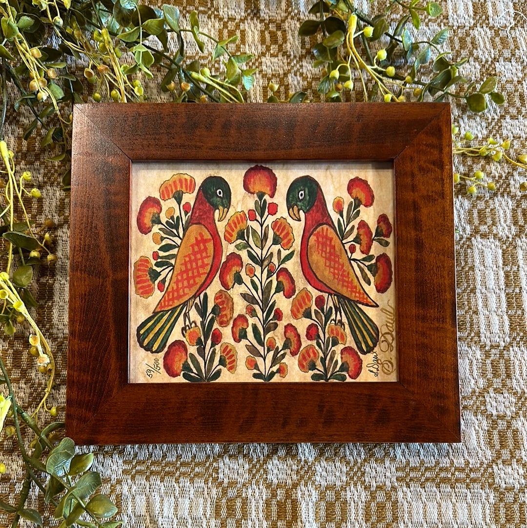 ORANGE & GREEN PARROTS Fraktur Framed Art By Susan Daul